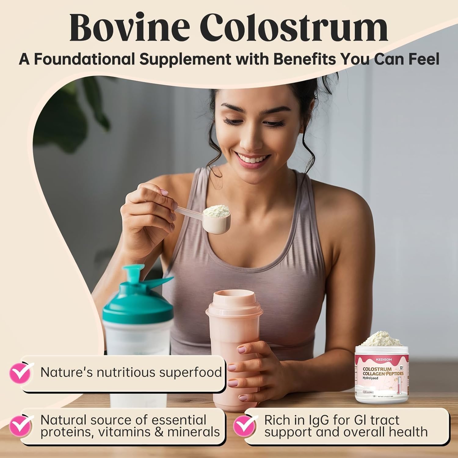 KEDISOM Colostrum Powder with grass-fed collagen imagery emphasizes quality sourcing.
