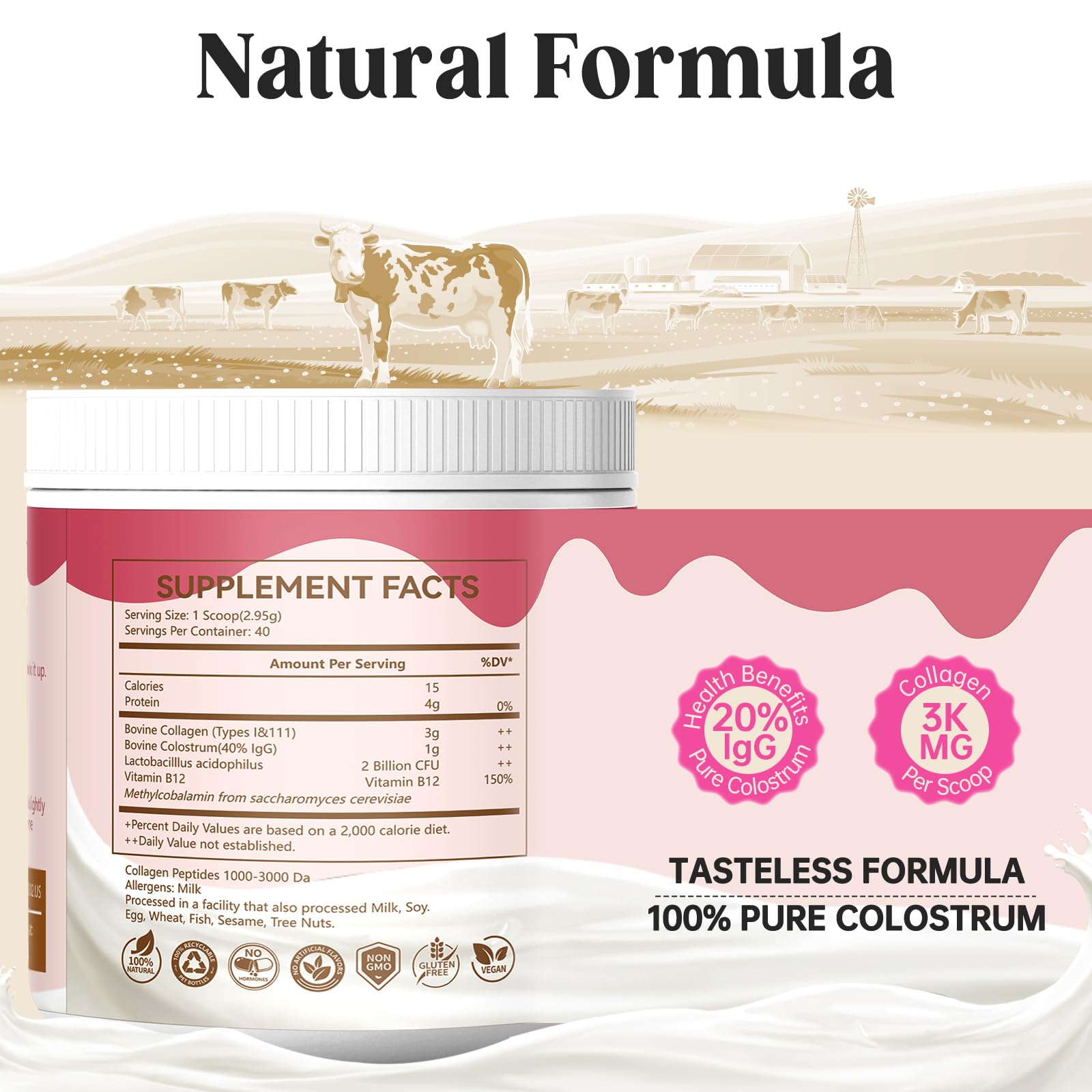 KEDISOM Colostrum Powder packaging shows third-party tested assurance for purity.