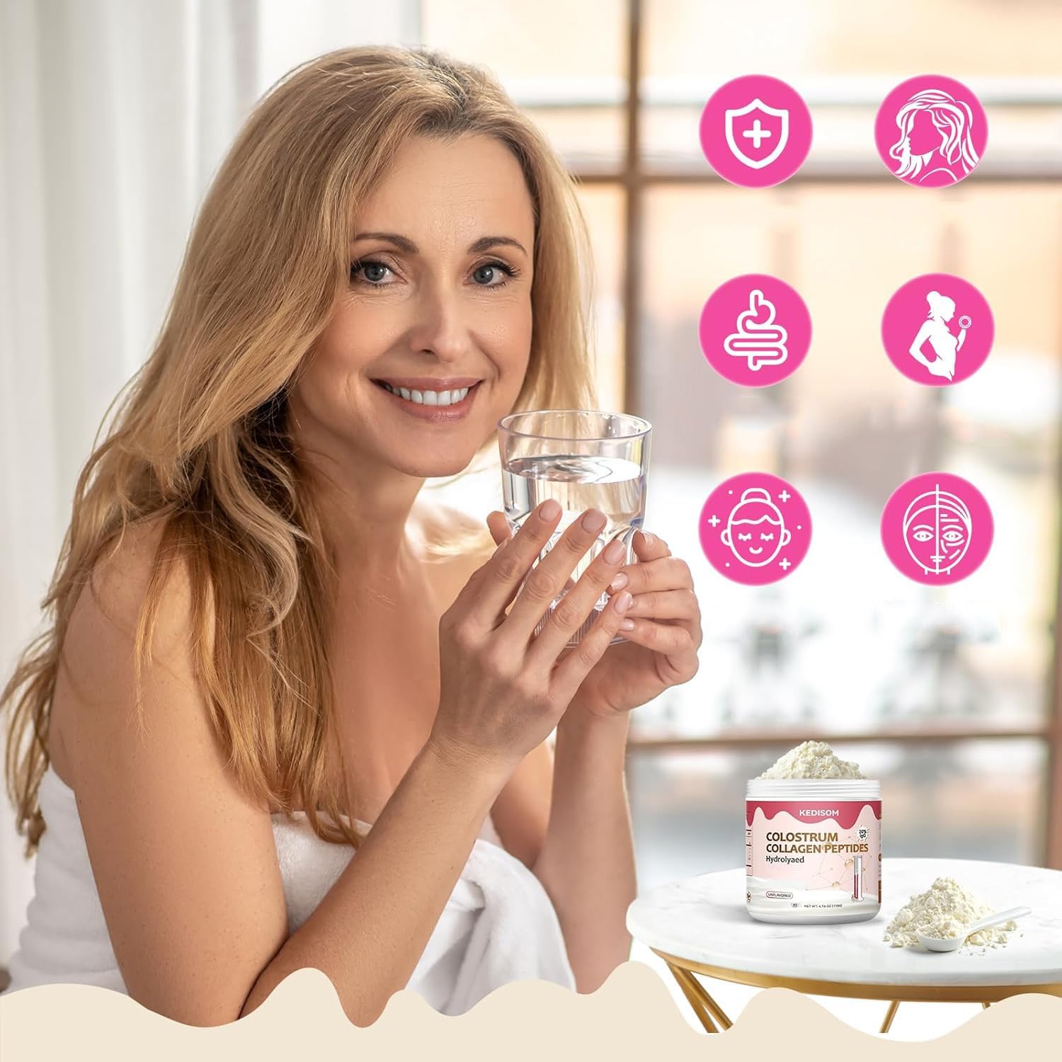 KEDISOM Colostrum Powder unflavored tub highlights flexible integration into beverages.