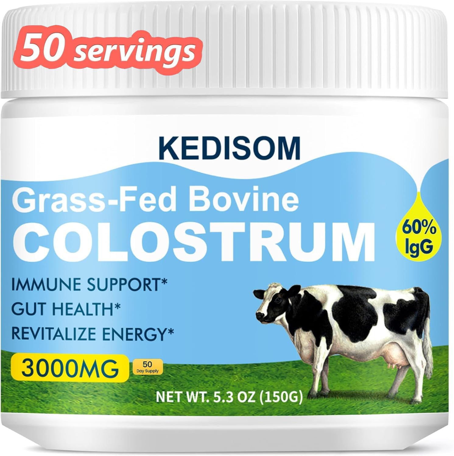 KEDISOM grass-fed colostrum bottle with liposomal formula for enhanced absorption.
