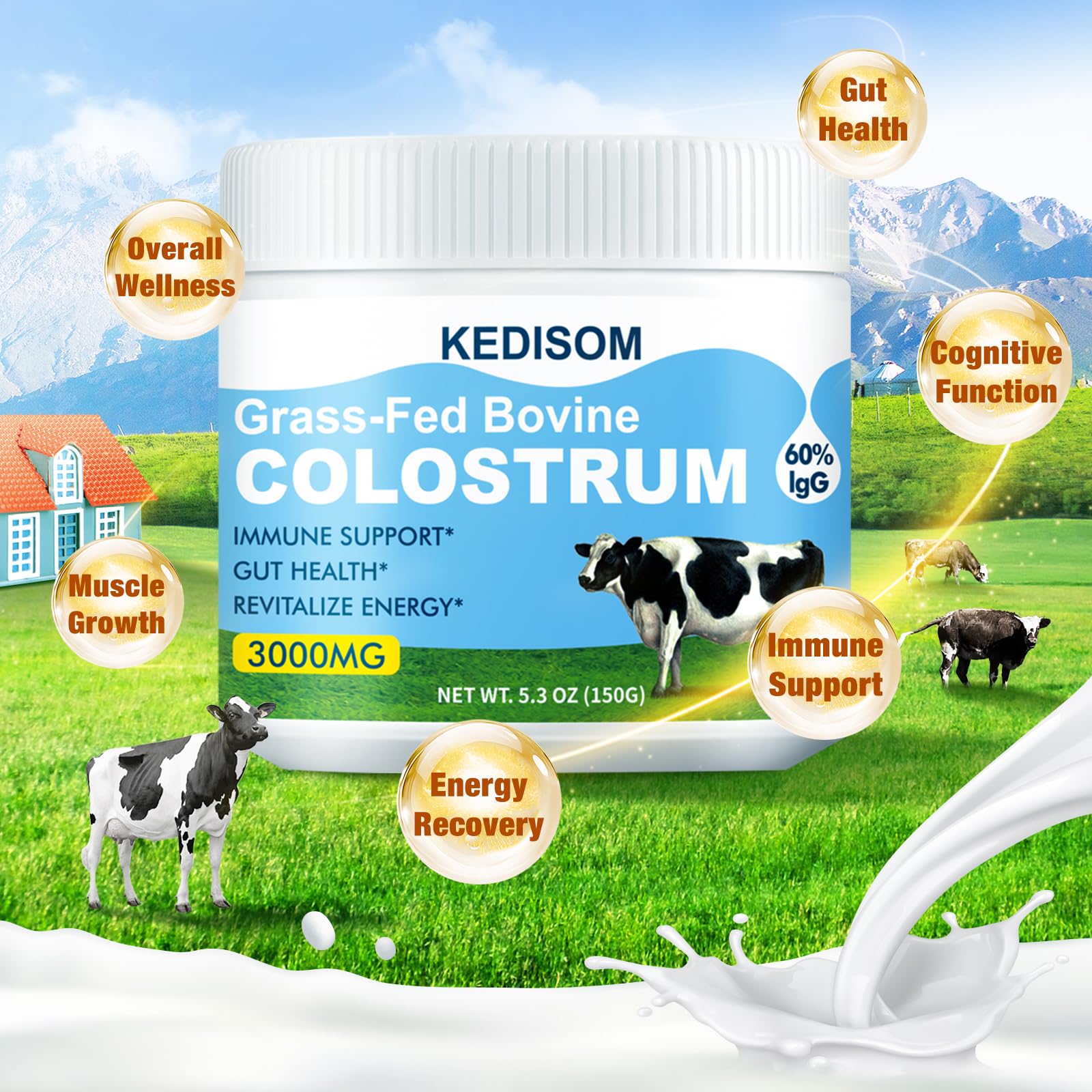 KEDISOM IgG-rich colostrum highlights immune-supporting bioactives.