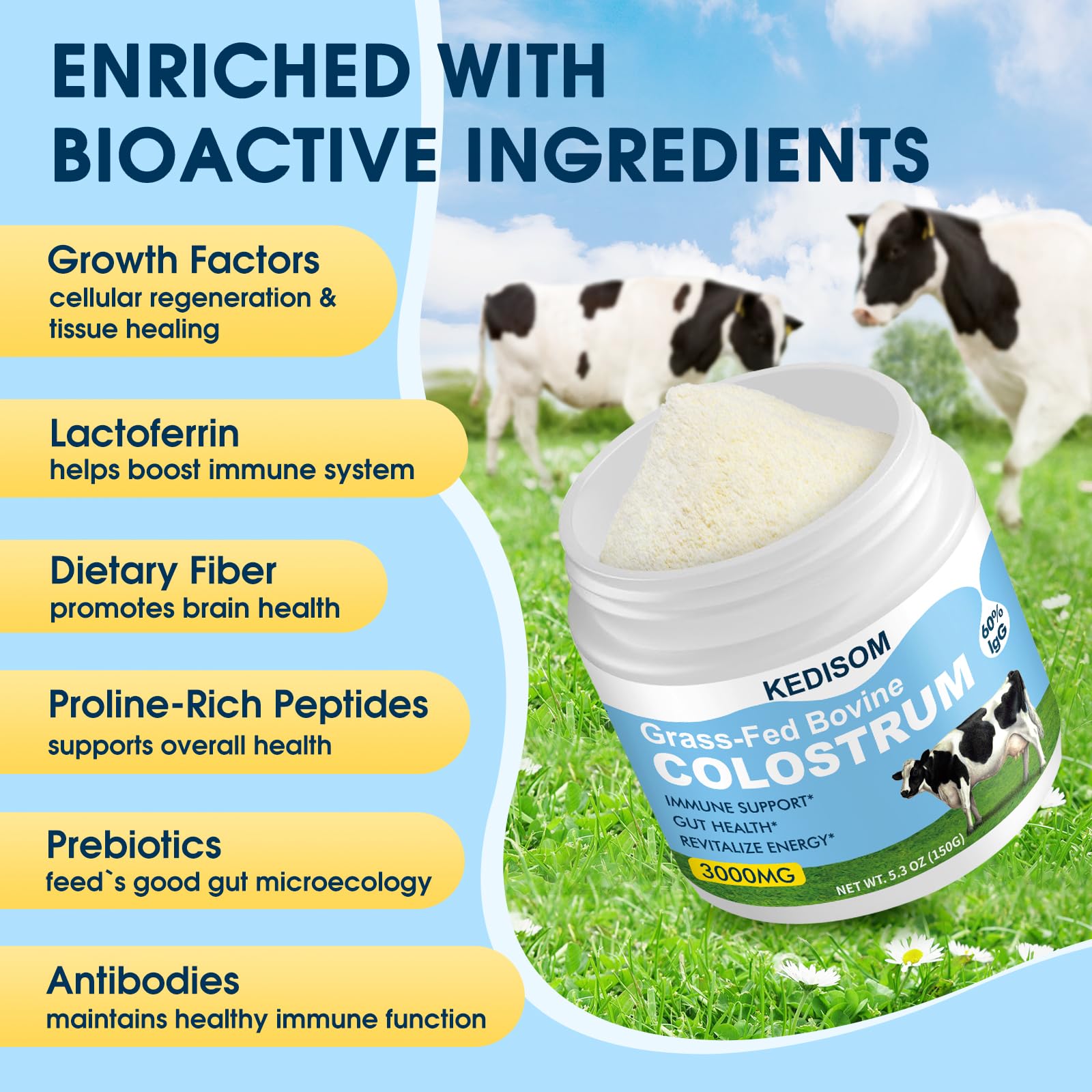 KEDISOM unflavored colostrum powder packaging for versatile use.
