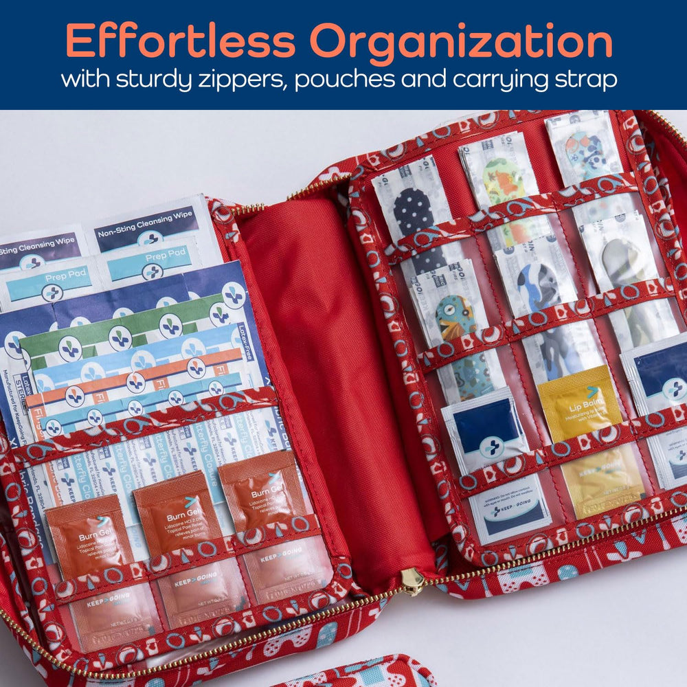 KEEP>GOING large home first aid kit stain-water-resistant case keeps supplies organized during travel