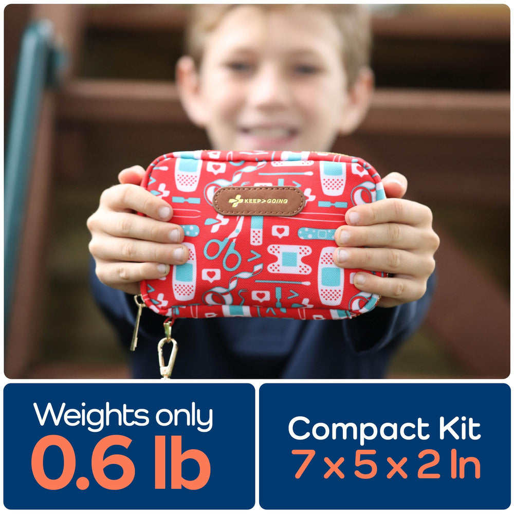 KEEP>GOING tiny scissors and tweezers included for precise handling.