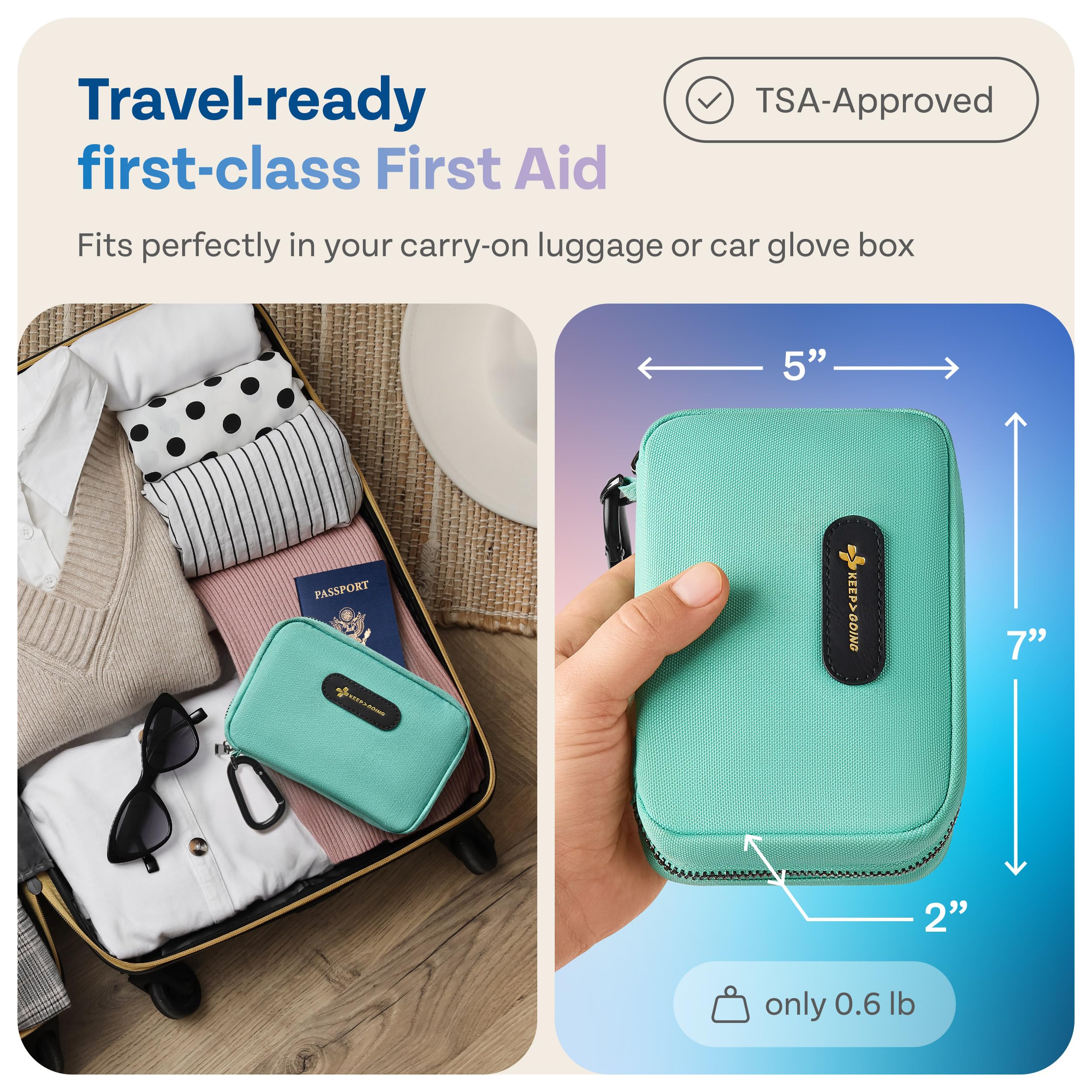 KeepGoing Travel First Aid Kit in car setup as a practical safety companion