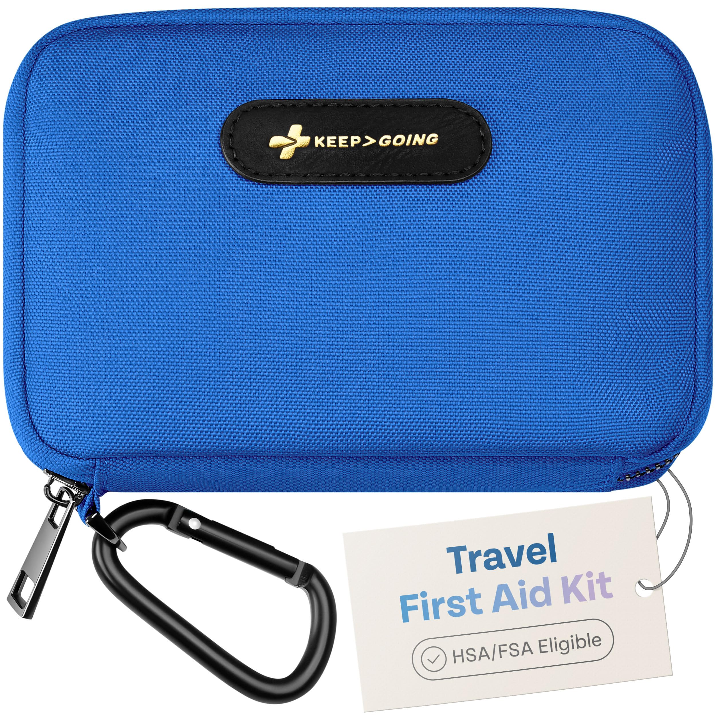 KEEP>GOING travel first aid kit in a stylish case for home, car, or outdoors.