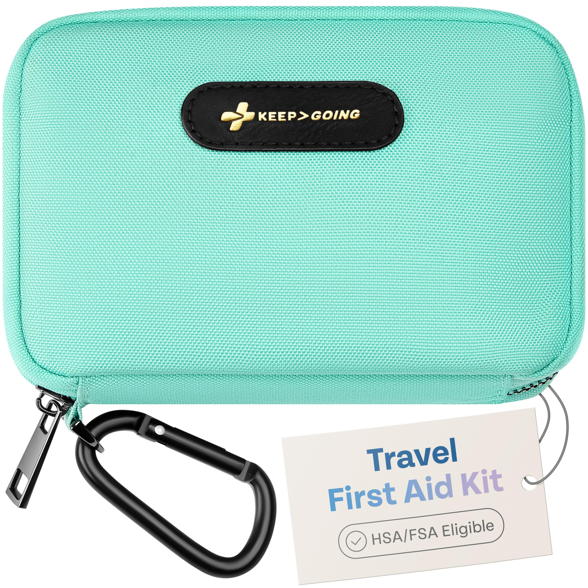 KeepGoing Travel First Aid Kit in a closed, organized case for on-the-go safety