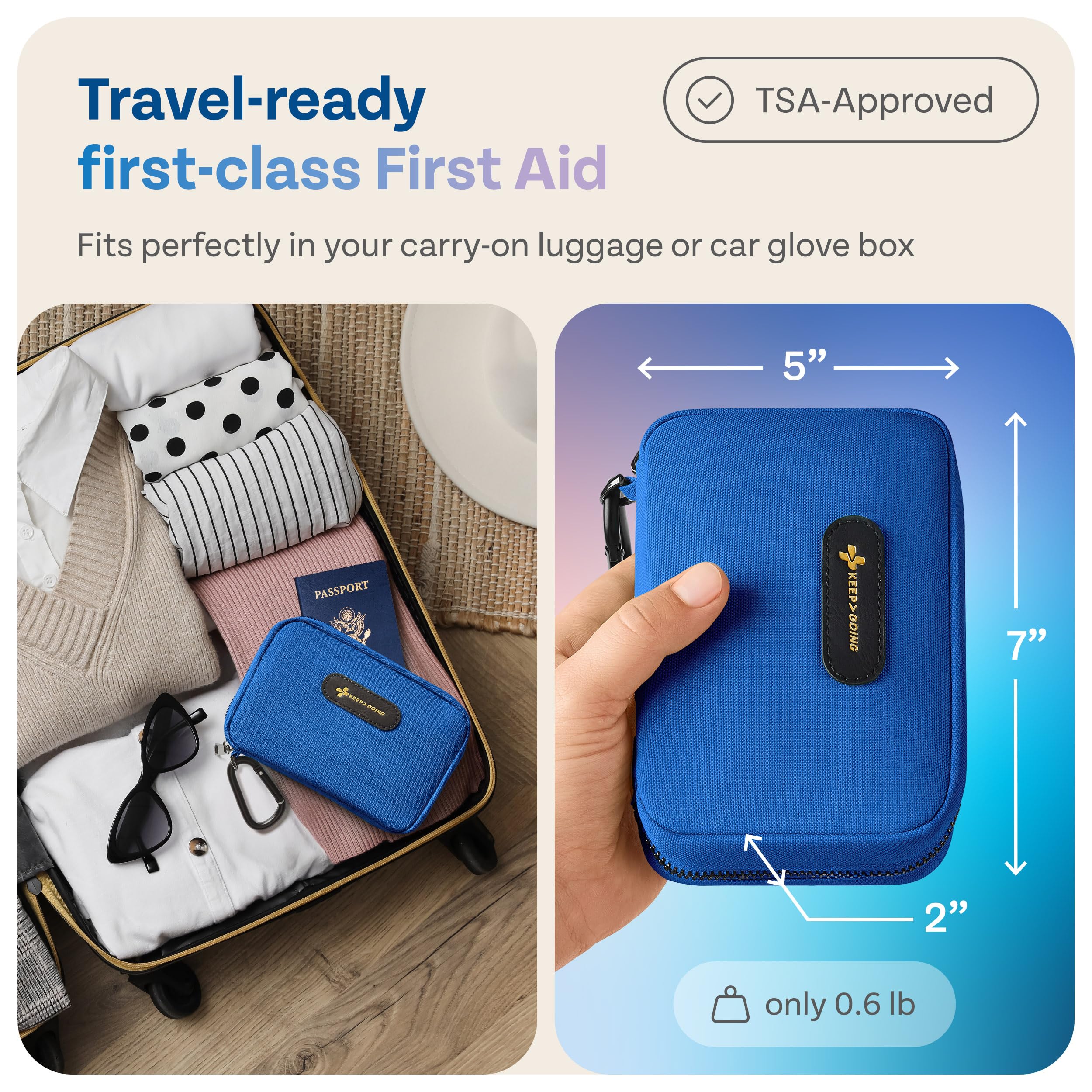 KEEP>GOING travel-size first aid kit compact for car trips and backpacking.