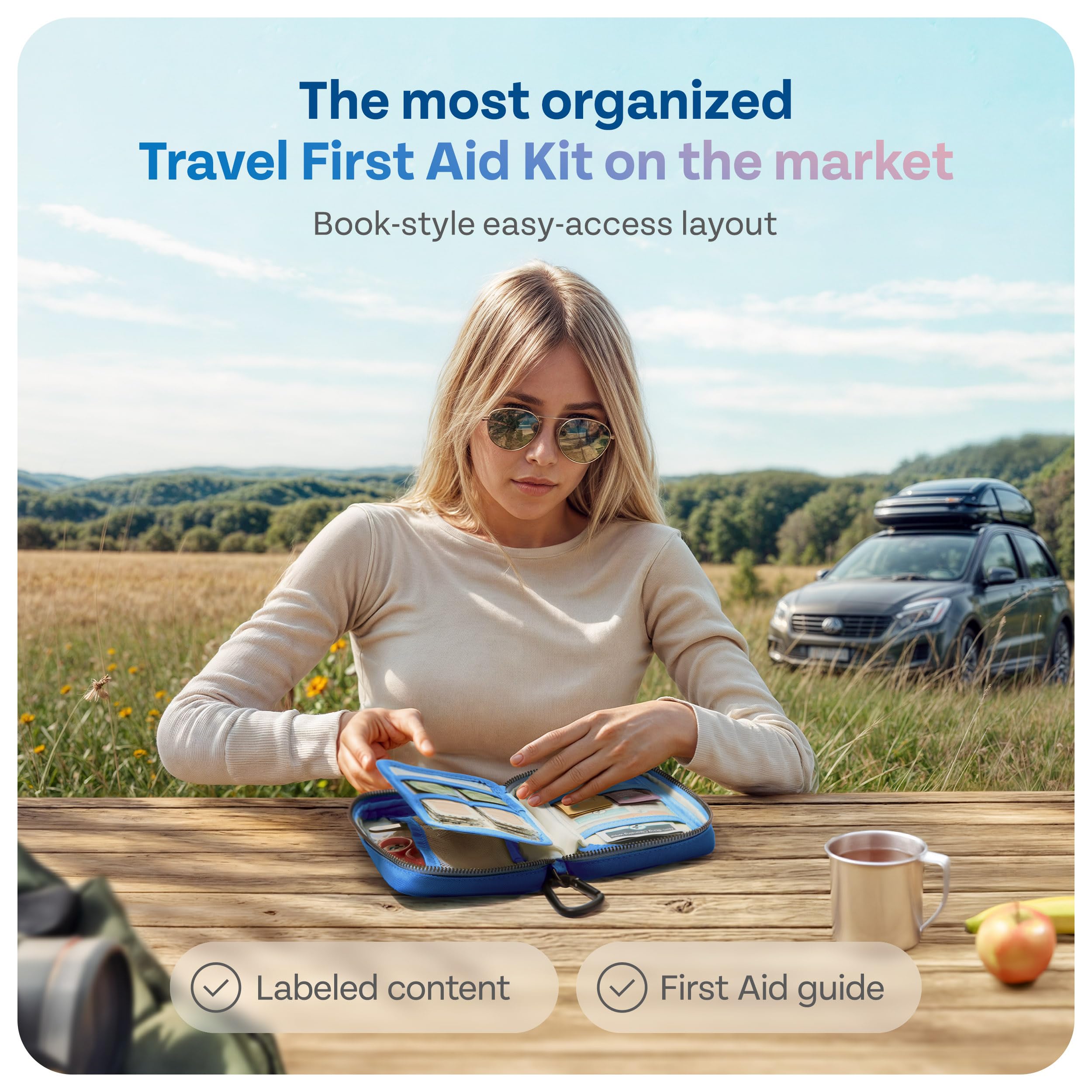 KEEP>GOING travel first aid kit contents with bandages and burn relief for quick care.
