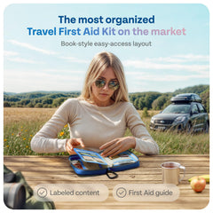 KEEP>GOING travel first aid kit contents with bandages and burn relief for quick care.