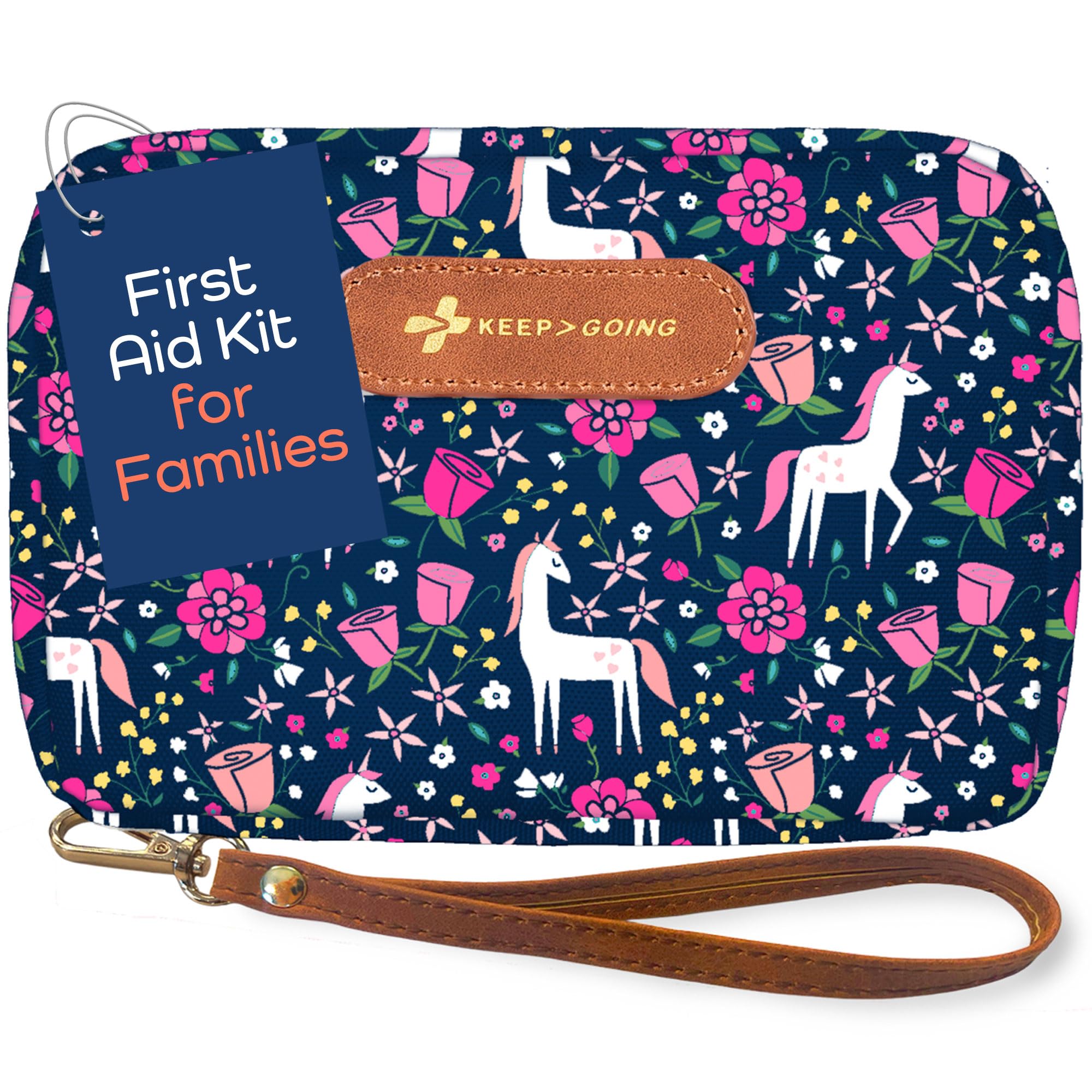 KeepGoing Travel First Aid Kit contents showing 130 pieces for quick on-the-go care.