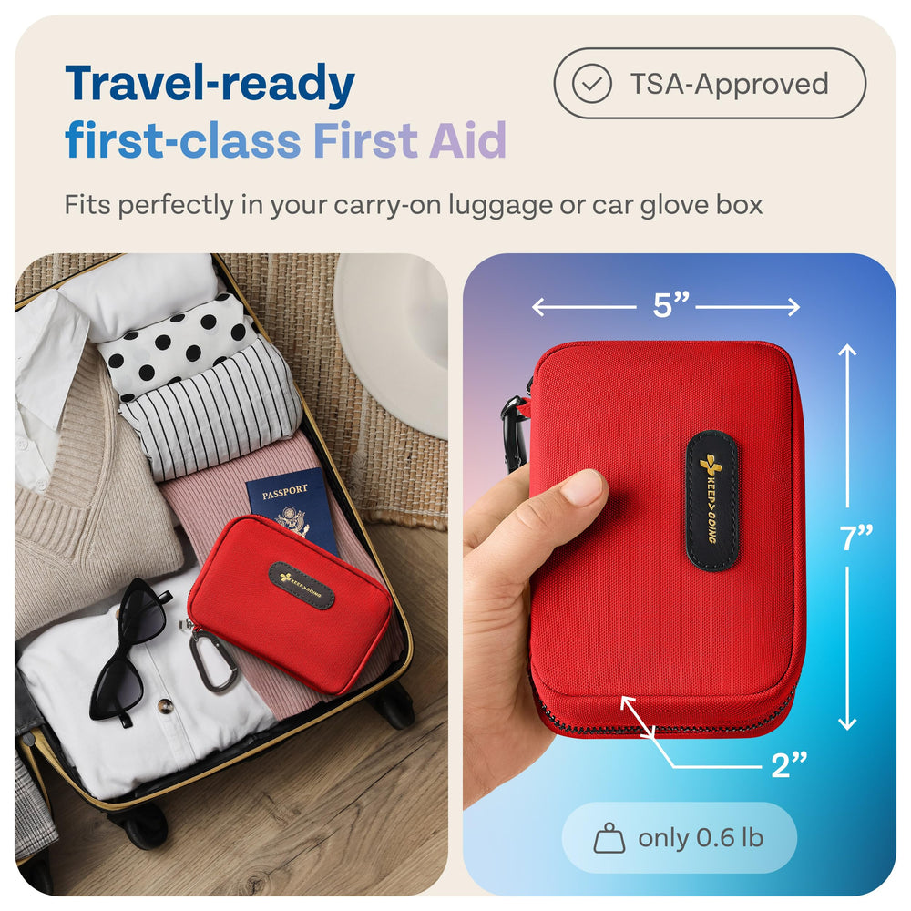 KeepGoing travel first aid kit in car for roadside readiness