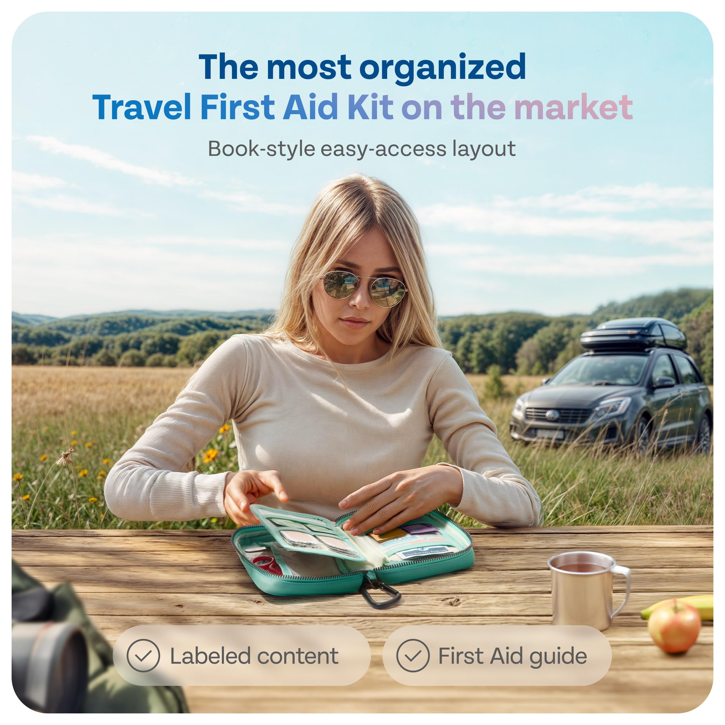 KeepGoing Travel First Aid Kit opened to show contents for quick access