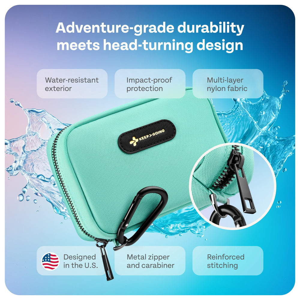 KeepGoing Travel First Aid Kit in a stain- and water-resistant case protecting supplies