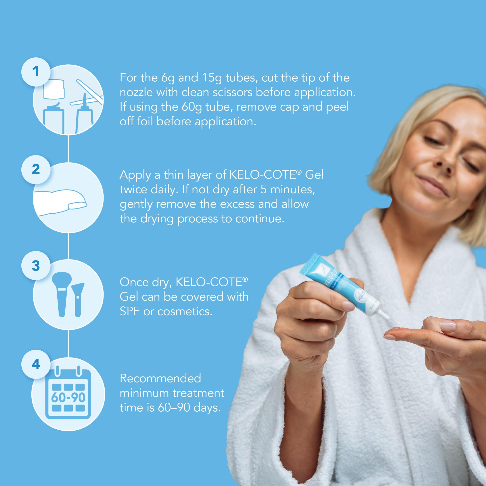 Kelo-Cote packaging 6g, compact scar management in a travel-friendly tube.