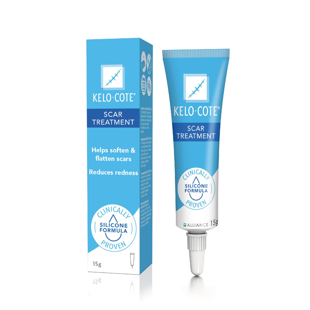 KELO-COTE Sinclair gel for scars tube closeup highlighting protective film for healing incisions.