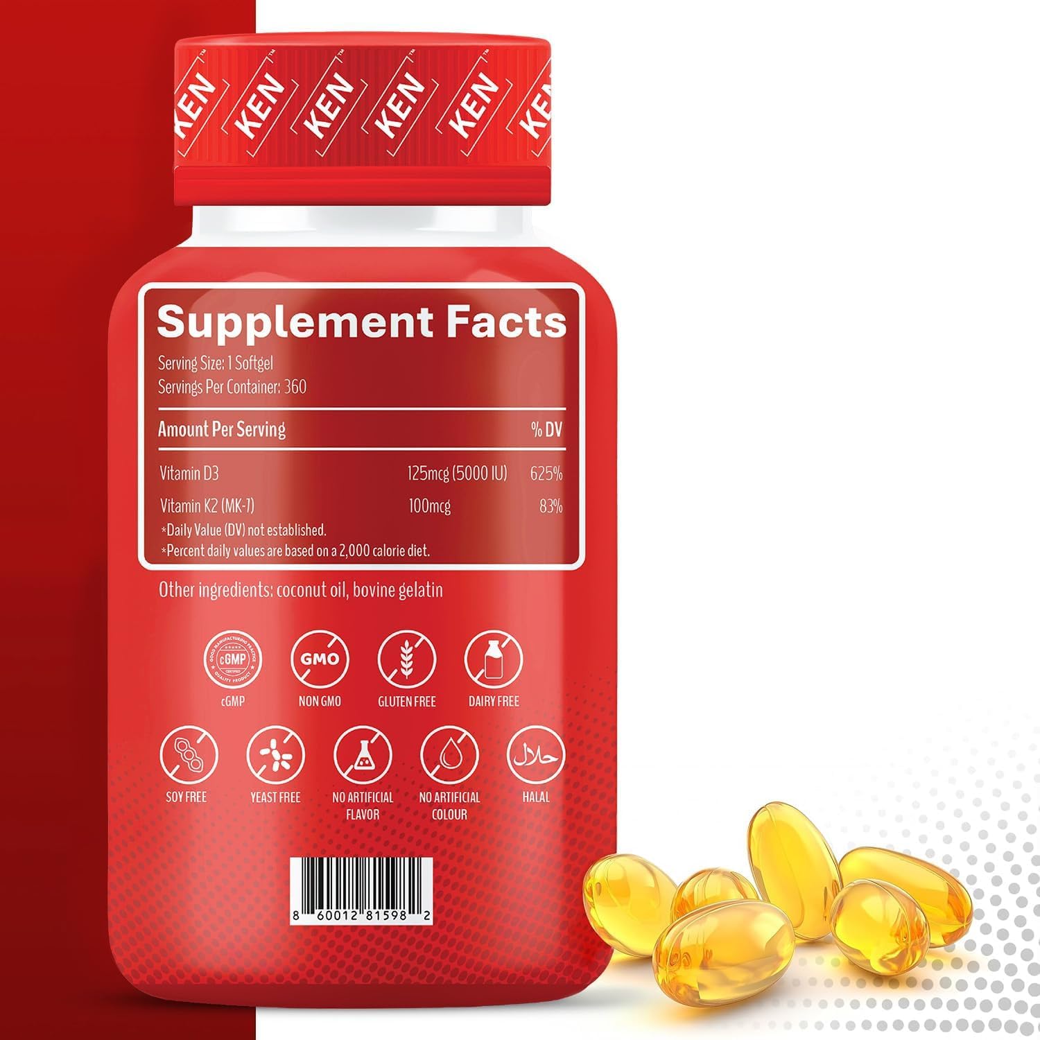 KEN D3K2 softgels pack highlighting convenient daily dosage