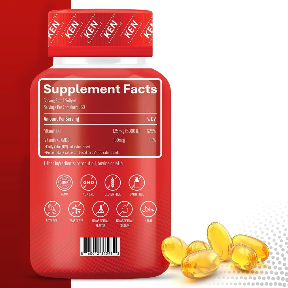KEN D3K2 softgels pack highlighting convenient daily dosage