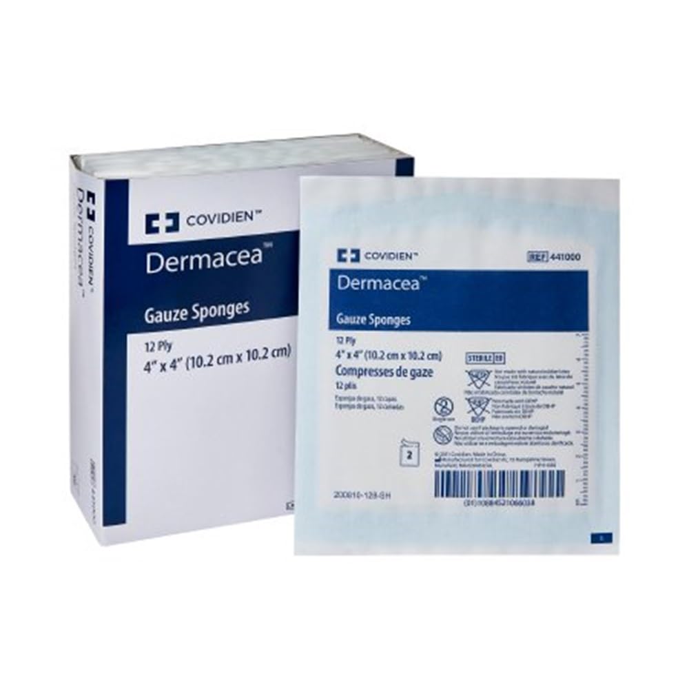 Kendall Dermacea sterile gauze sponge 4x4 inches for sterile wound dressing and protection.