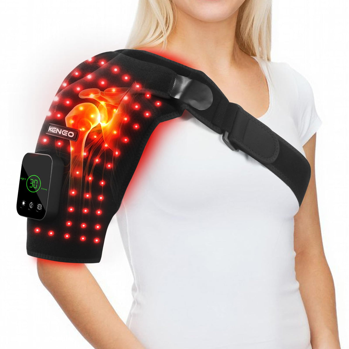 Keneo shoulder wrap front view highlighting ergonomic design for targeted muscle comfort.