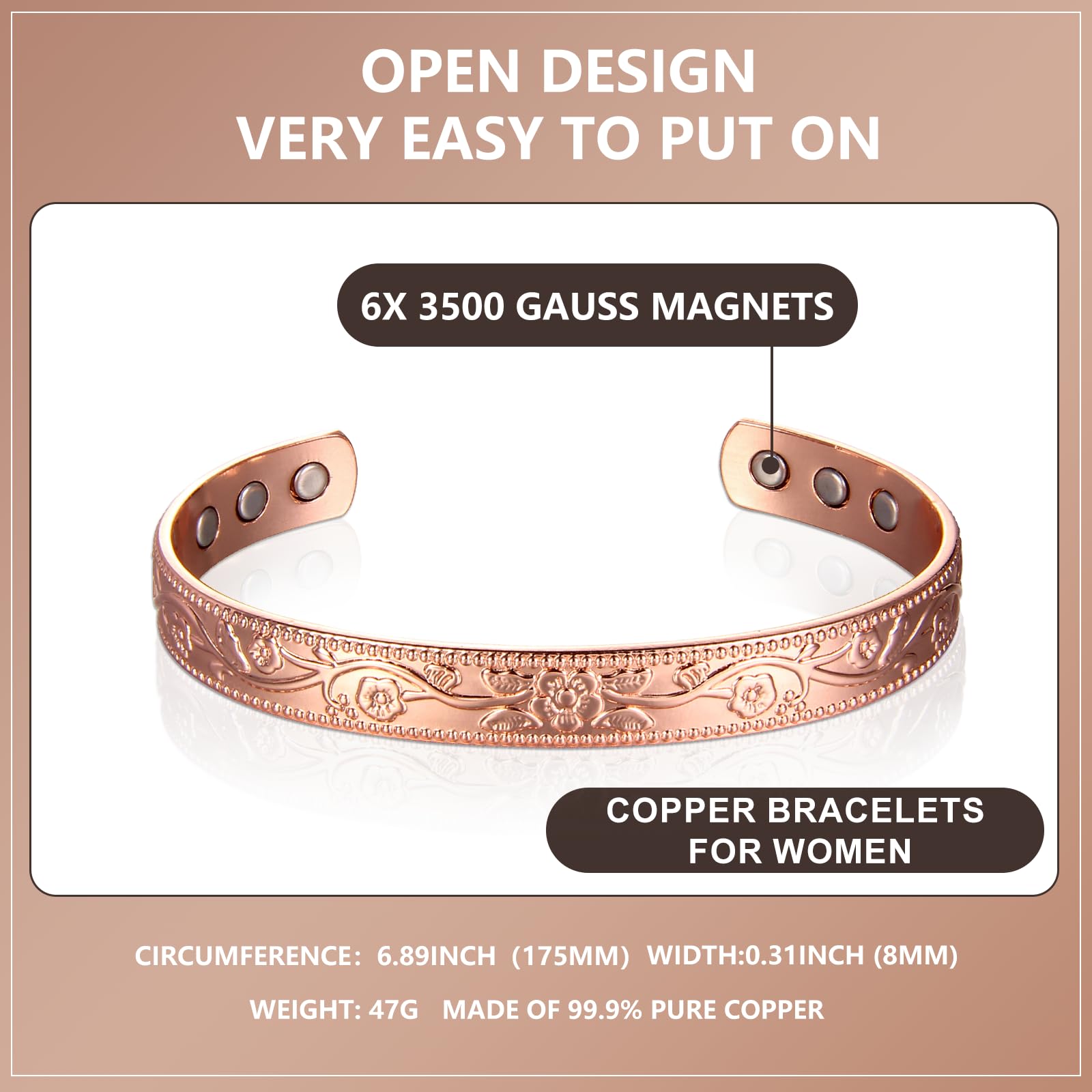 KENLANO copper bracelet shows natural patina from oxidation