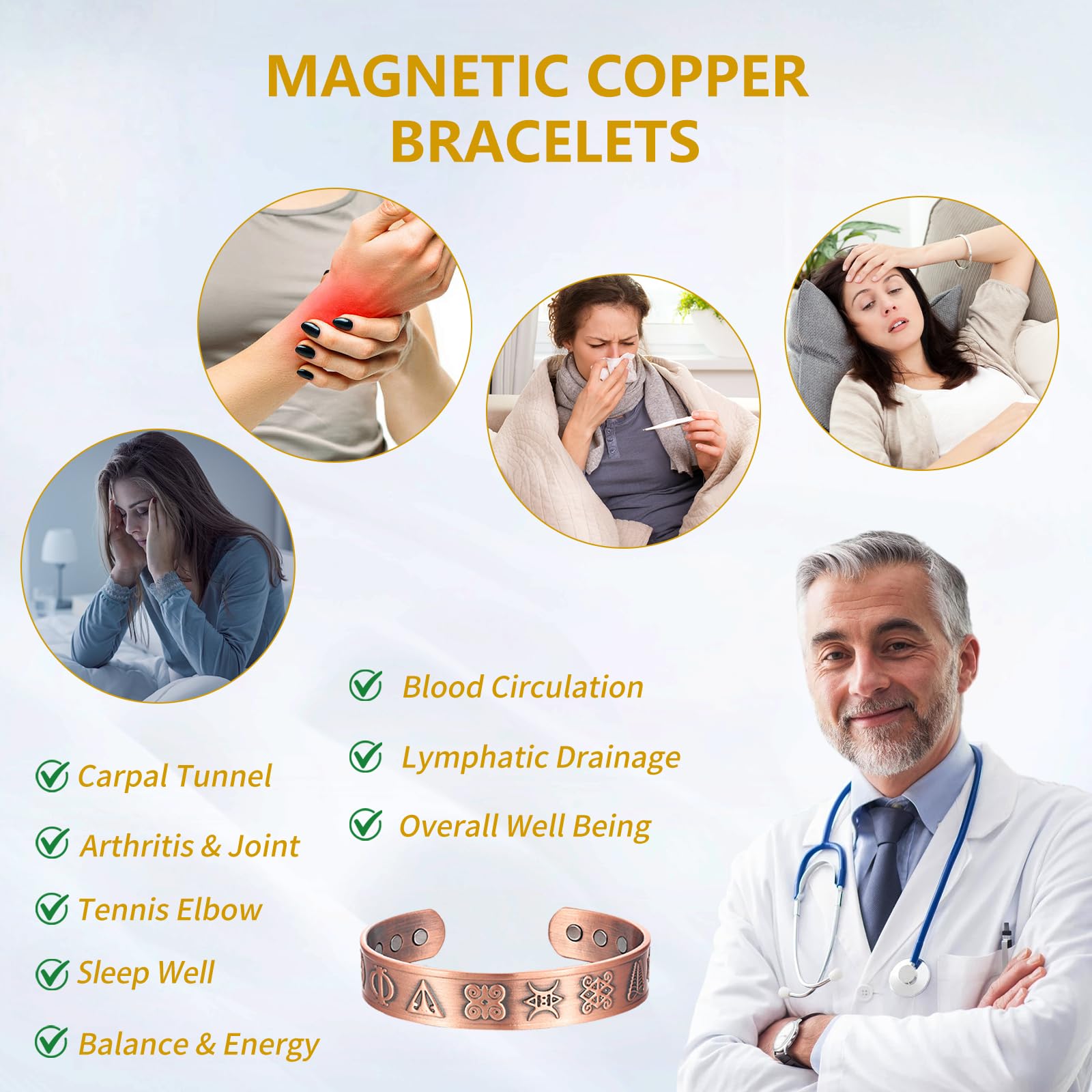 KENLANO copper bracelet on wrist with adjustable open-end for secure fit.