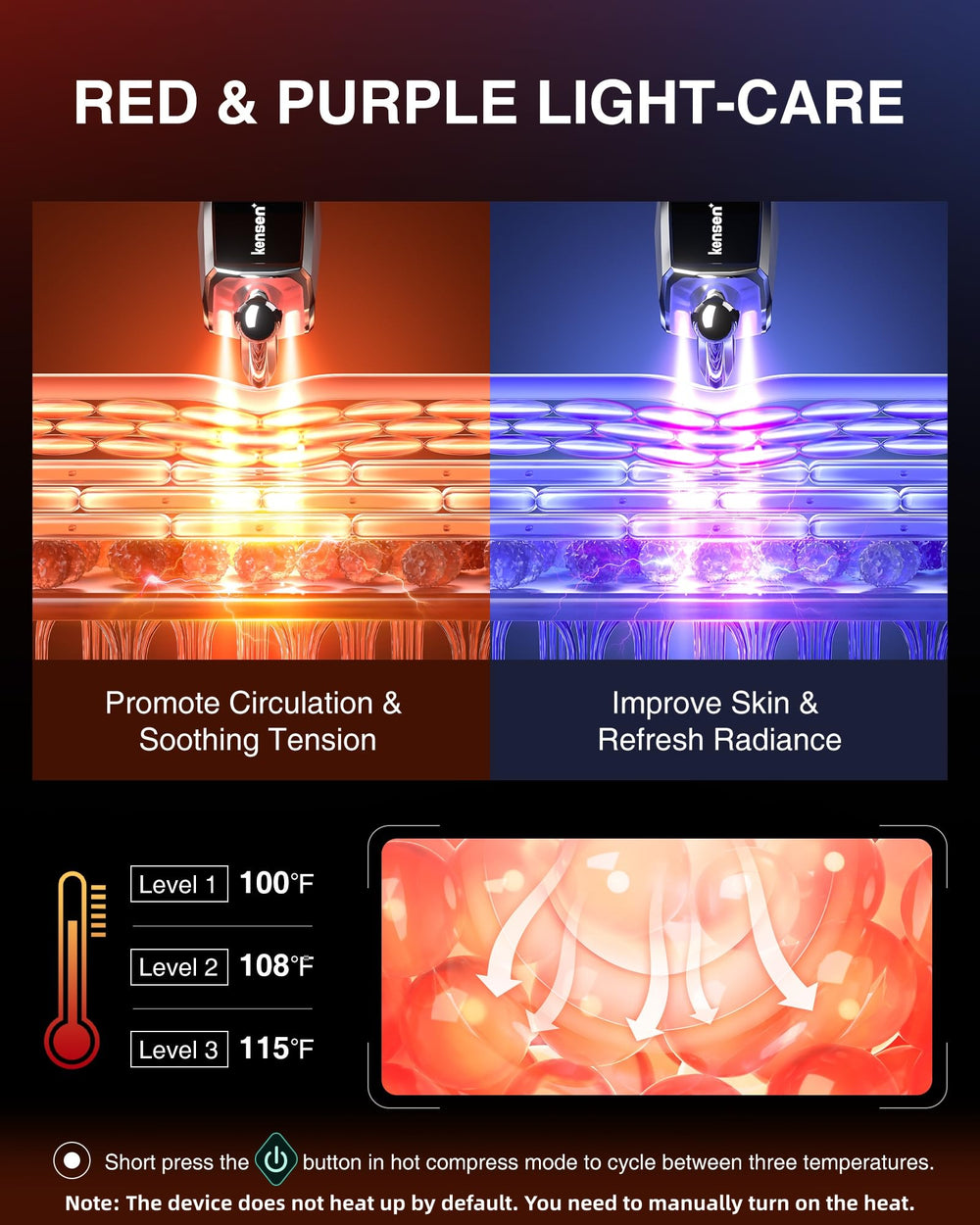 Kensen three heating levels enable personalized warmth during massage.