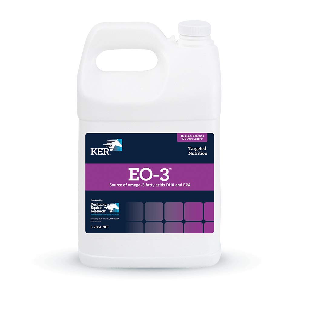 Kentucky Equine Research EO-3 pour bottle showing omega-3 support for joints in horses.