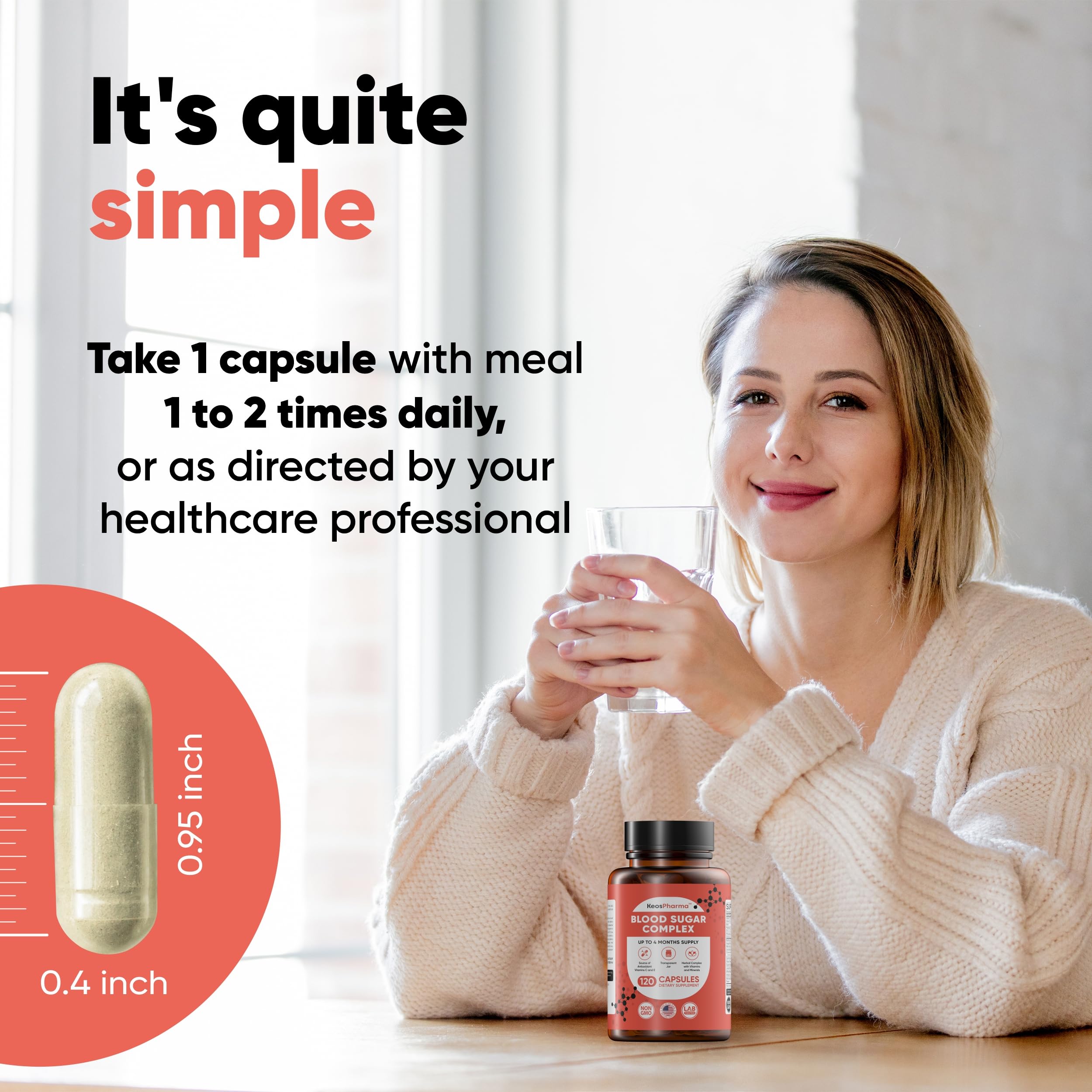 KeosPharma Blood Sugar Complex bottle nutrition label highlights key ingredients