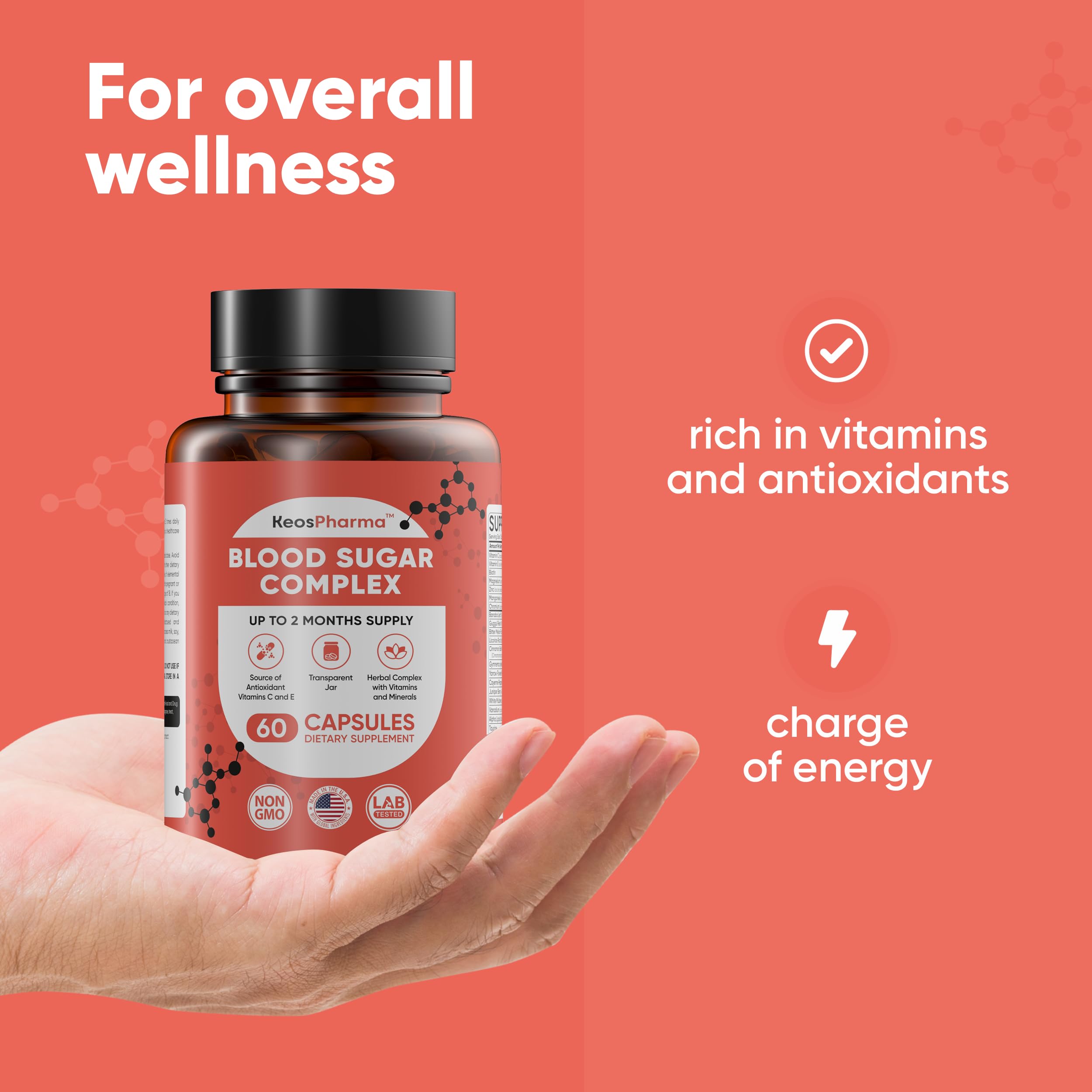 KeosPharma Blood Sugar Complex bottle showing magnesium for daily energy balance.
