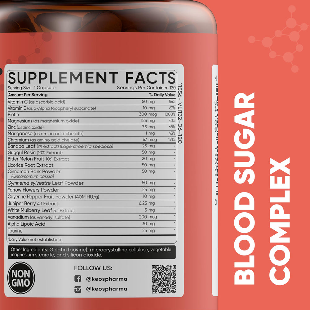 KeosPharma Blood Sugar Complex capsule panel emphasizes antioxidants and Biotin.