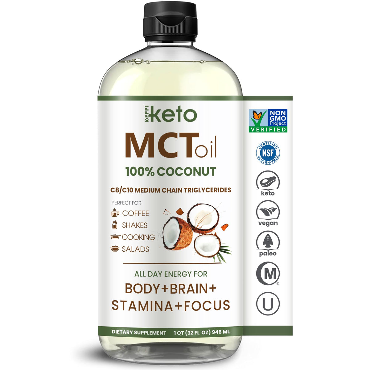 Keppi MCT Oil bottle pour showing easy daily use and quick energy integration.