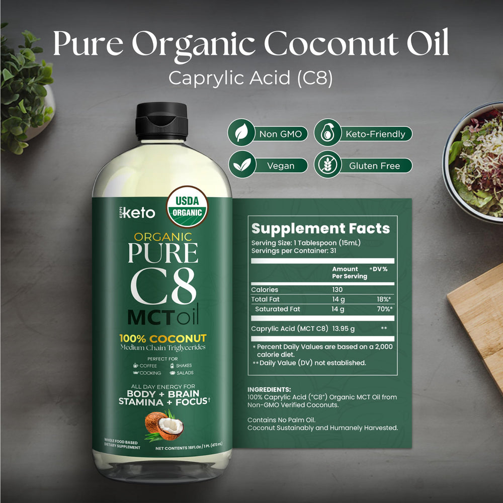 Keppi MCT Oil on pantry shelf highlights gluten-free and vegan-friendly packaging