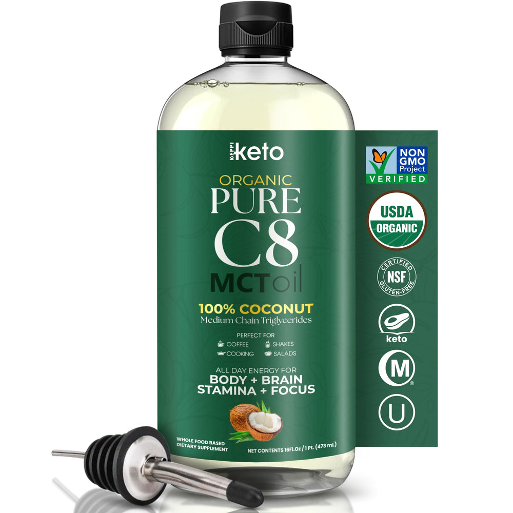 Keppi Organic MCT Oil bottle showing pure coconut oil for keto routines