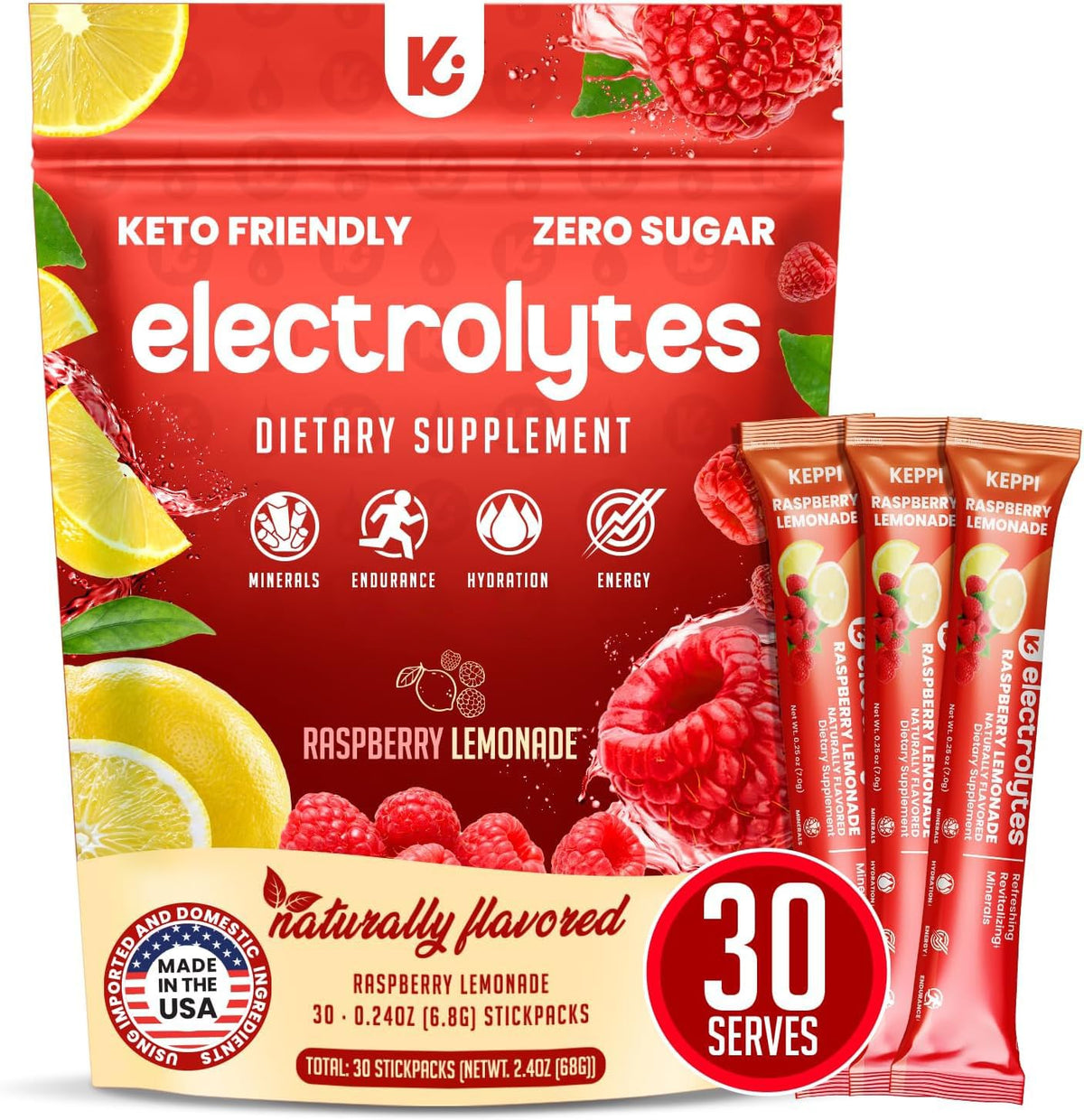 Keppi Raspberry Lemonade packets front view, zero sugar hydration in a convenient package.