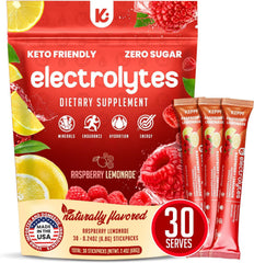 Keppi Raspberry Lemonade packets front view, zero sugar hydration in a convenient package.