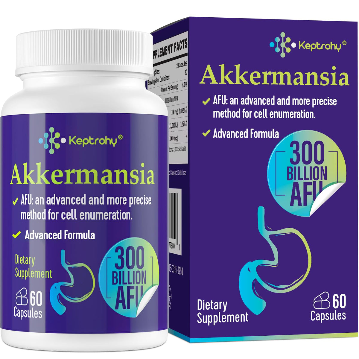 Keptrohy Akkermansia probiotic bottle with 60 capsules supports gut health.