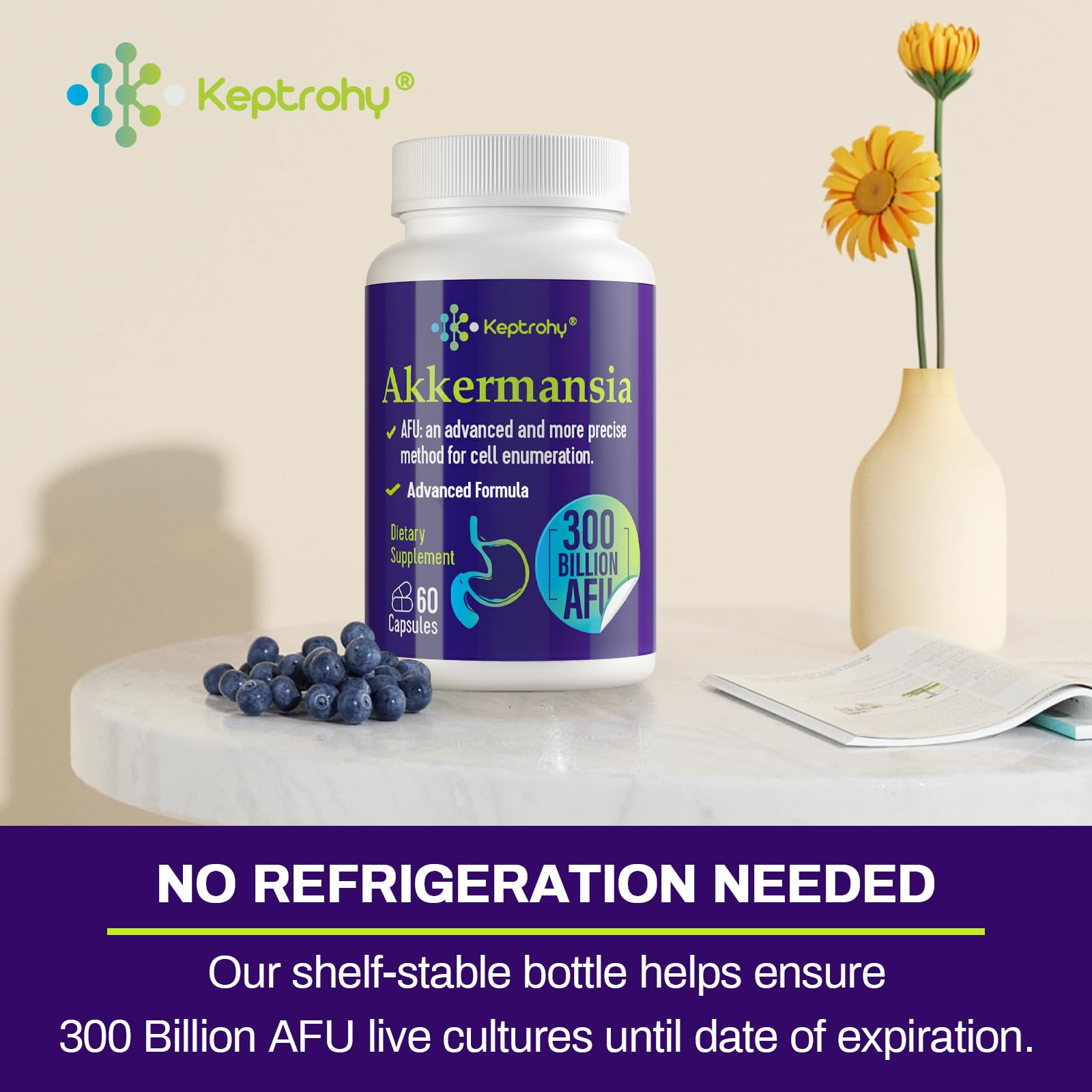 Keptrohy probiotic bottle highlighting vegan and shelf-stable design.