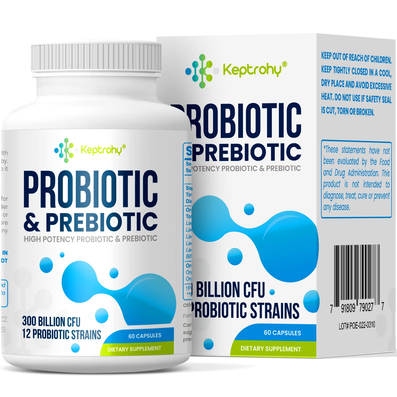 Keptrohy Probiotics bottle featuring 300B CFU for daily gut support.