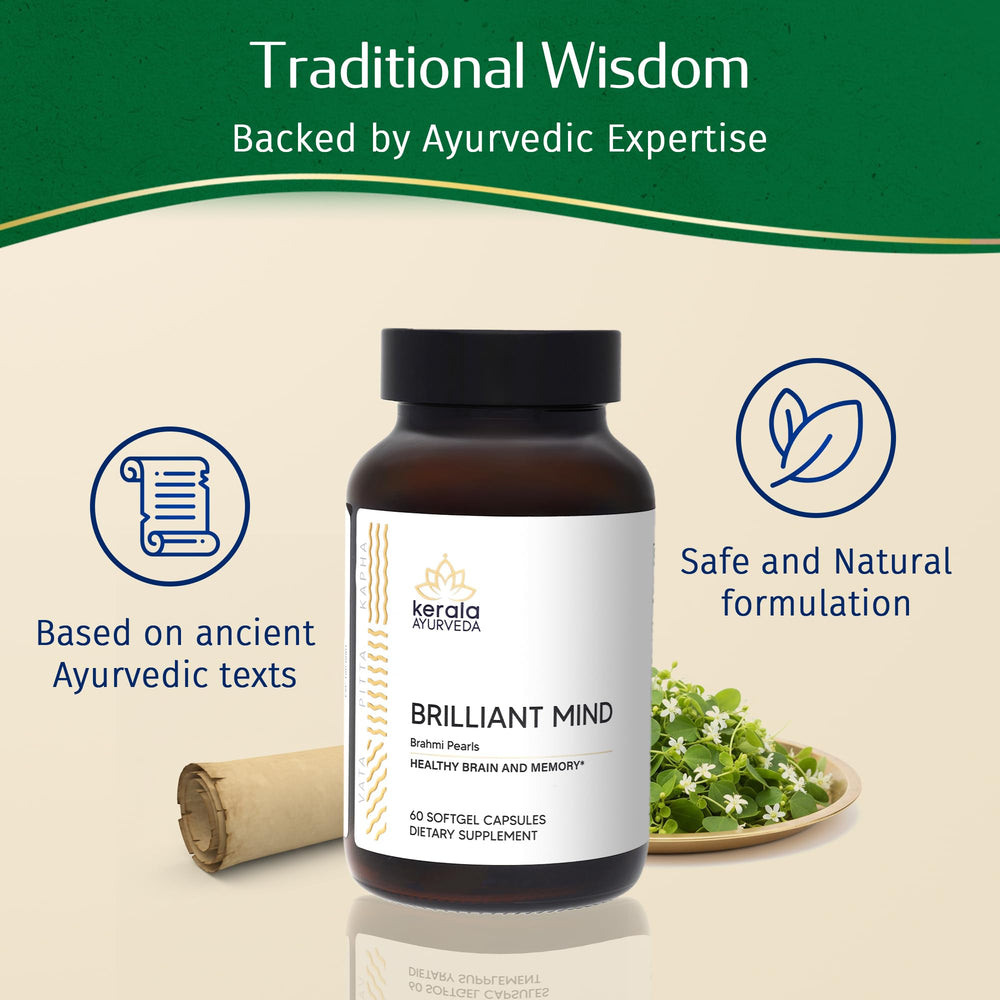 Lifestyle shot of a user studying with Kerala Ayurveda Brahmi Pearls for calm focus.