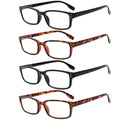 Kerecsen 4 Pack Reading Glasses with Spring Hinges – Lightweight Rectangular Readers (2 Black, 2 Tortoise, +1.50)