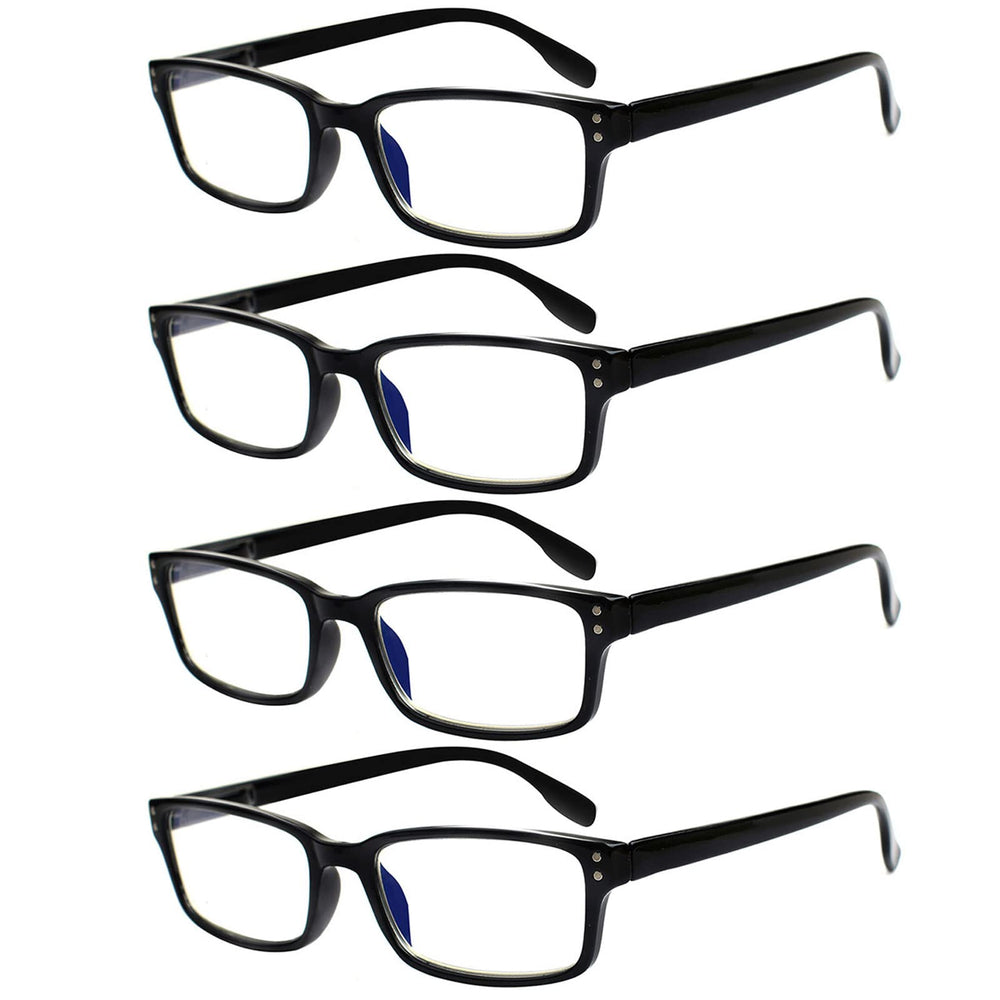 Kerecsen reading glasses rectangular black 4-pack for crisp, comfortable reading.