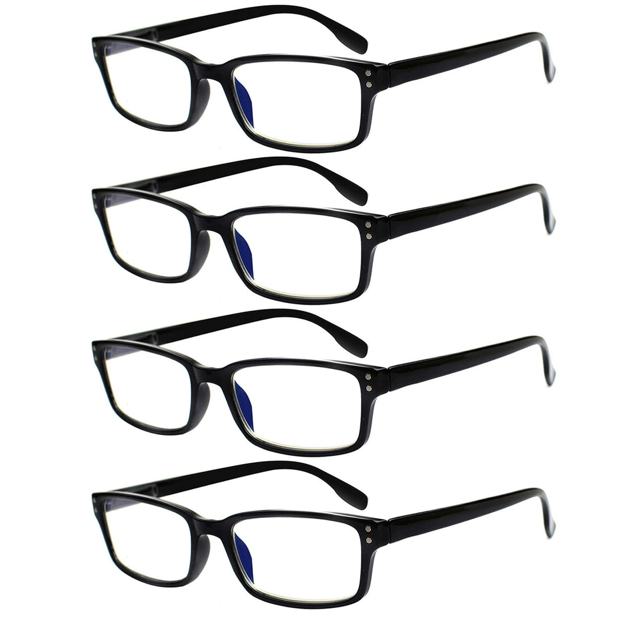 Kerecsen reading glasses rectangular black 4-pack for crisp, comfortable reading.