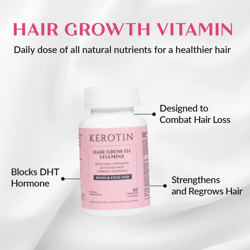 Kerotin Biotin Supplement pills close-up emphasizes support for healthier follicles.
