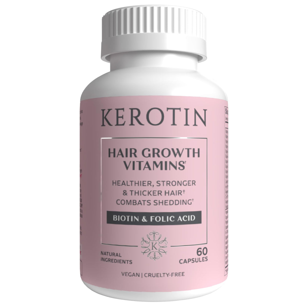 Kerotin Hair Growth Vitamins bottle highlights nutrients for hair nourishment.