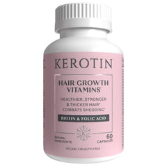 Kerotin Hair Growth Vitamins bottle highlights nutrients for hair nourishment.