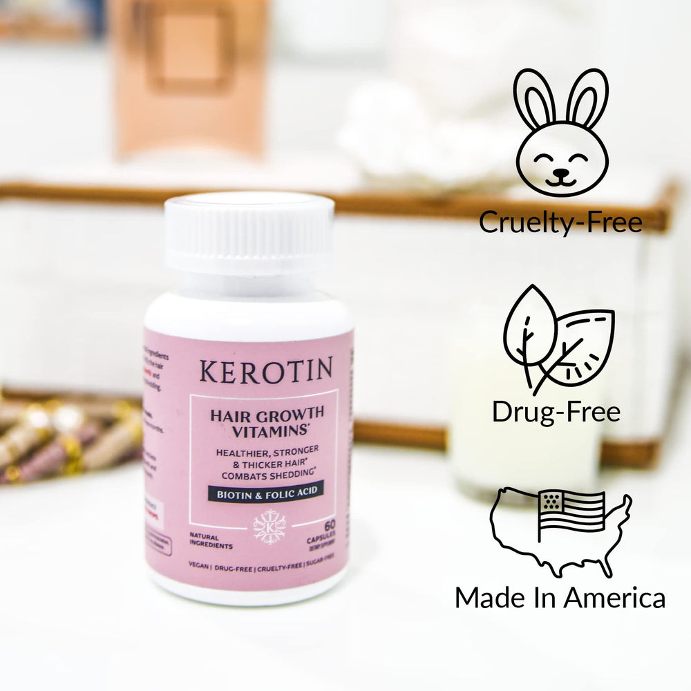 Kerotin Hair, Skin and Nails capsules packaging illustrates multi-benefit wellness.