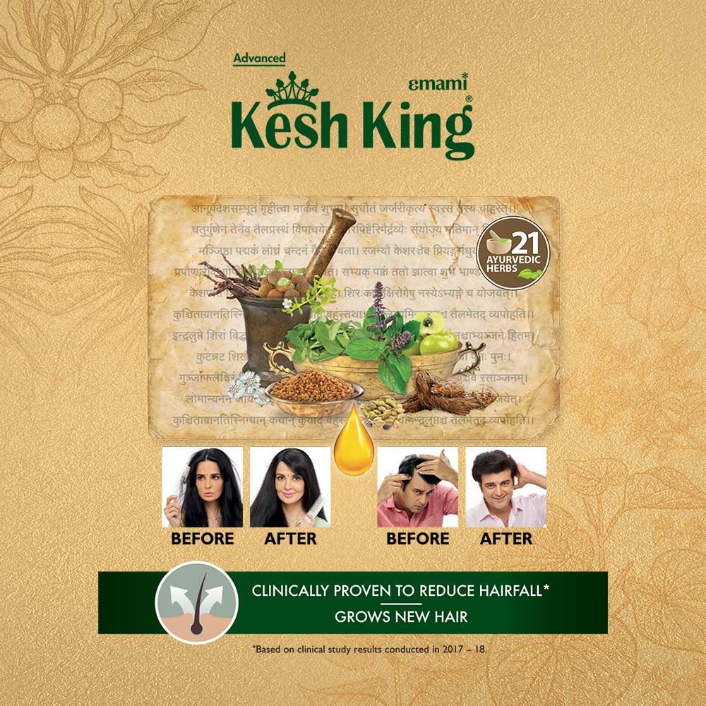 KESH KING hair oil label close-up highlighting herbal ingredients.
