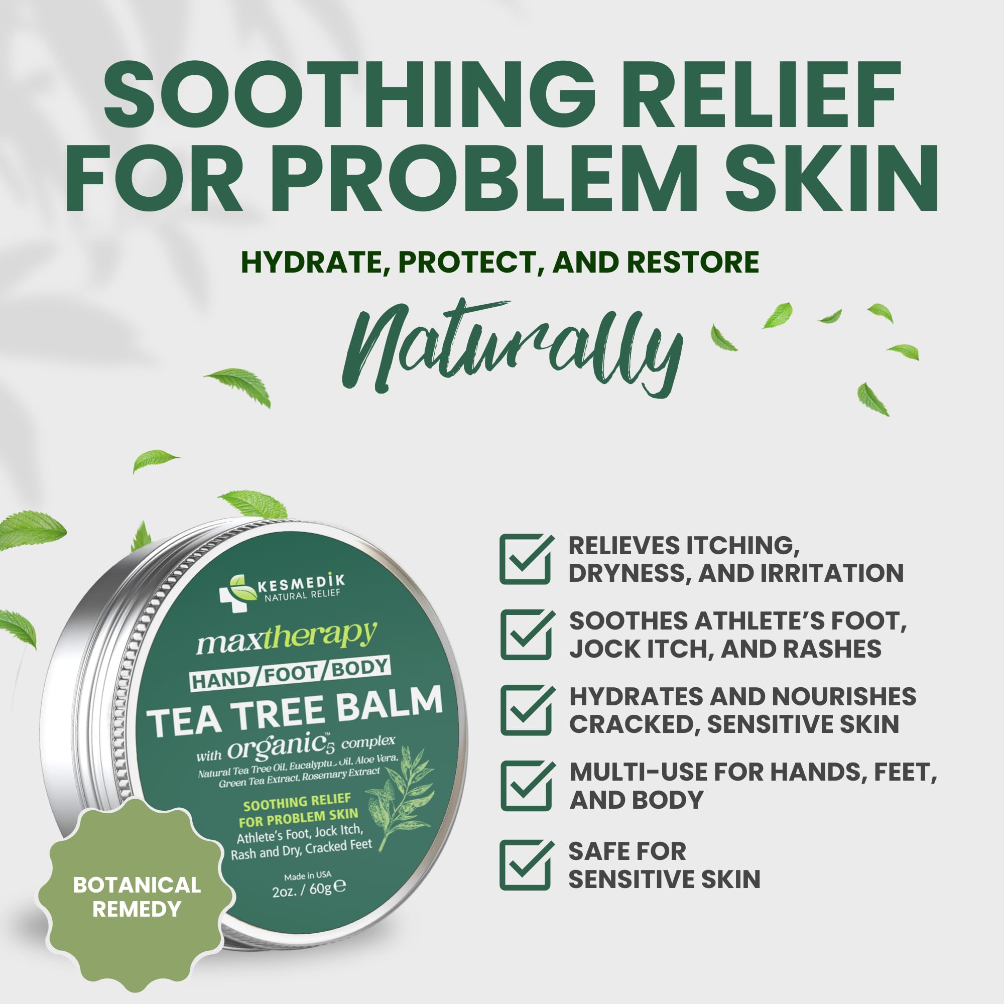 KESMEDIK Tea Tree Oil MaxTherapy Balm being applied for soothing relief on skin.