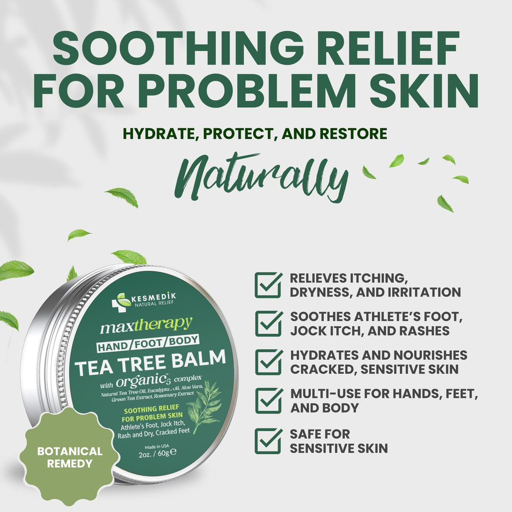 KESMEDIK Tea Tree Oil MaxTherapy Balm being applied for soothing relief on skin.
